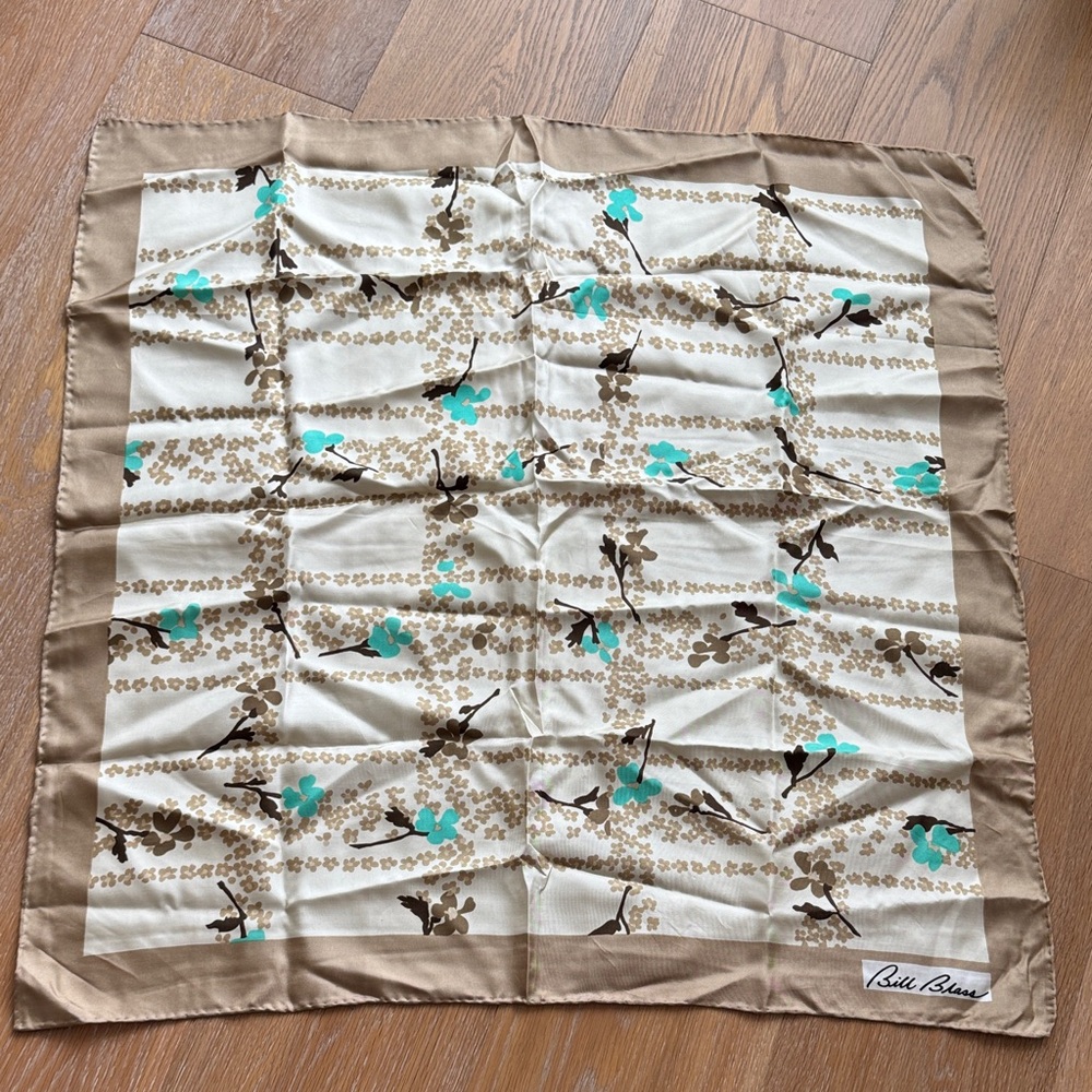 Vintage 100% Bill Blass Floral Pattern Scarf in Brown and Teal